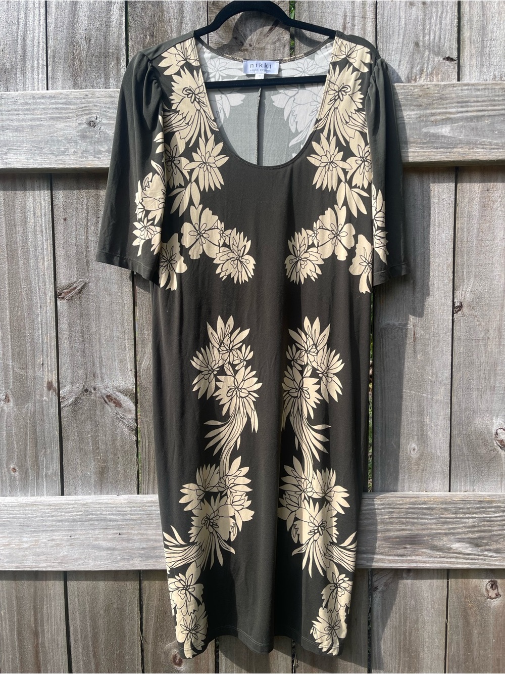 nikki poulos Brown Floral Midi Dress with Cream Blooms